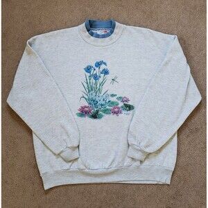 Vintage USA Made 90s Morning Sun Graphic Lilly Flowers Crew-Neck Sweater Size XL